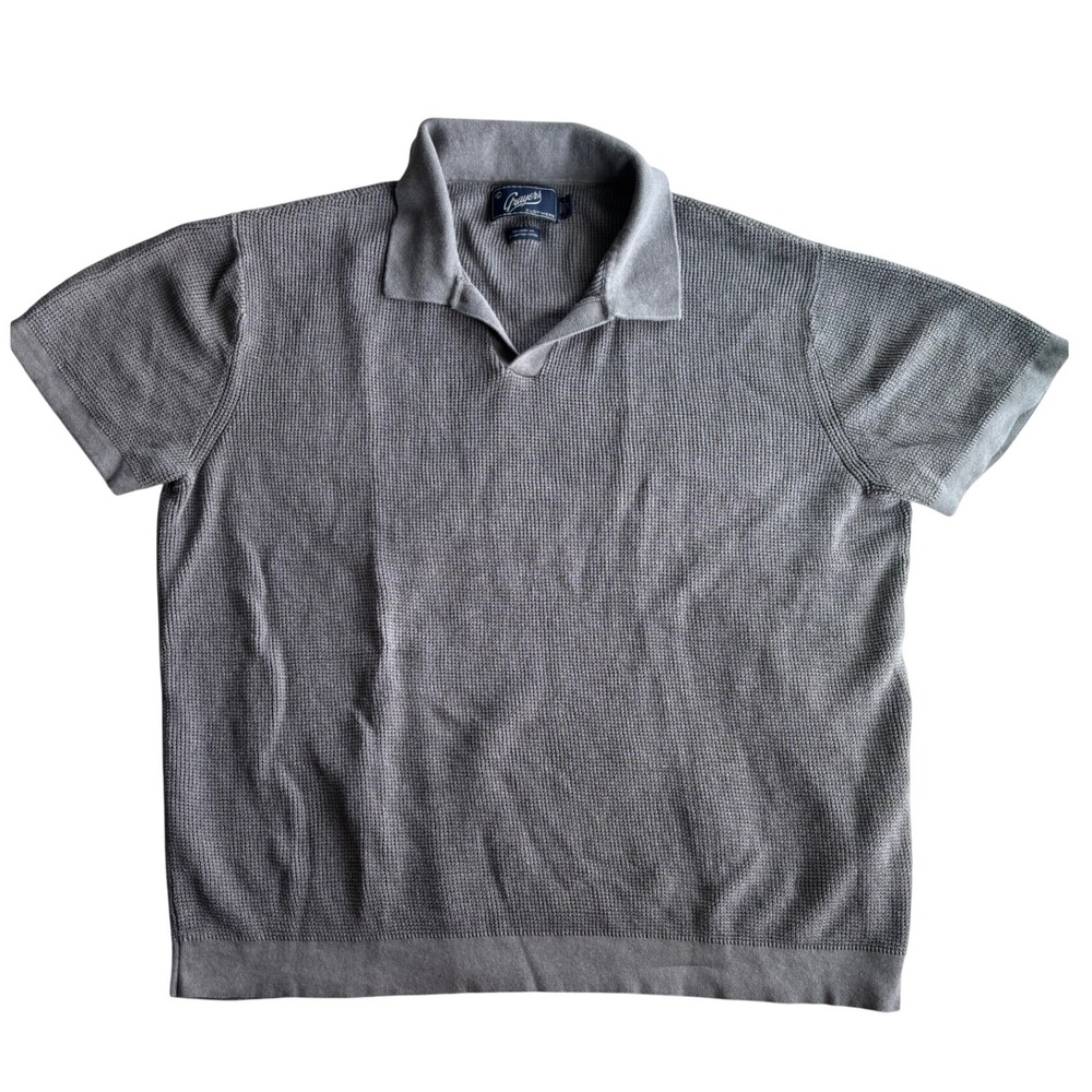 Grayers Mens Linen Cotton Short Sleeve Sweater Polo Shirt Gray Waffle Knit Large